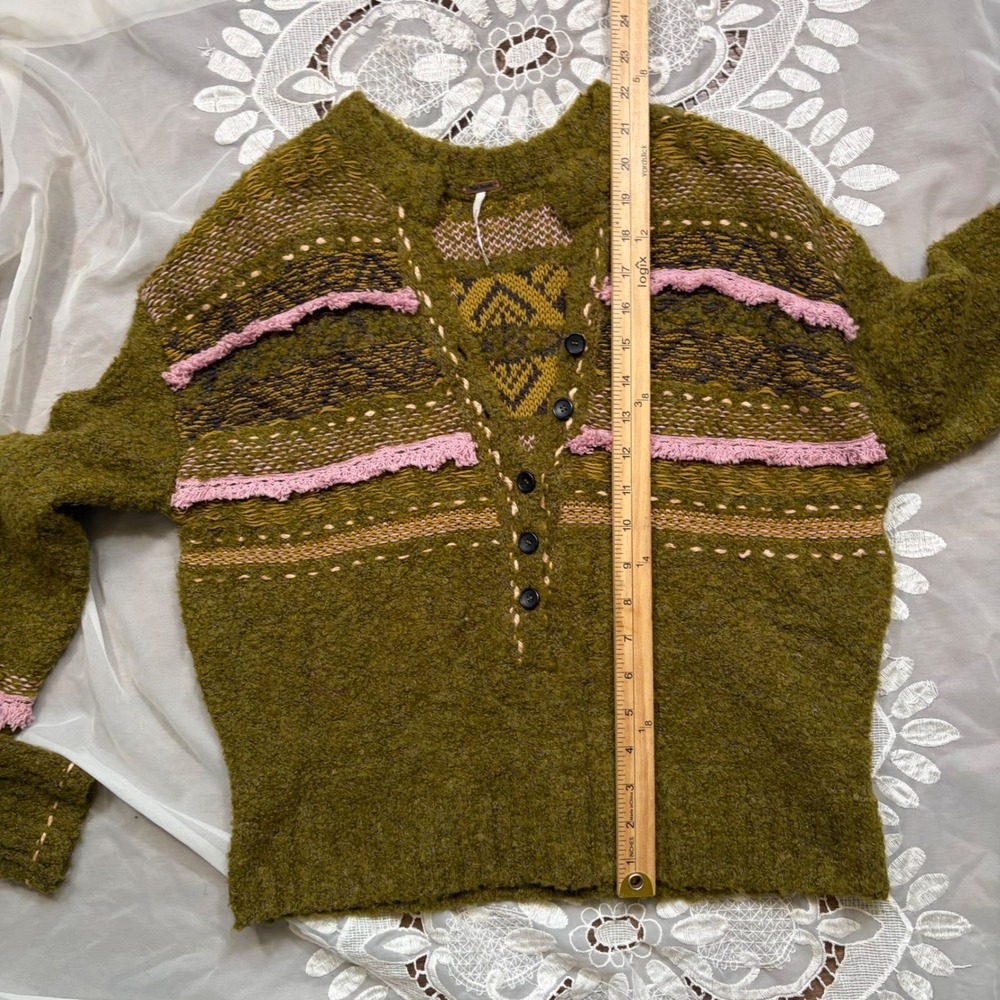 Boho Cottagecore Free People Olive Pink Alpaca Wool Blend Henley Sweater XS - Picture 5 of 8
